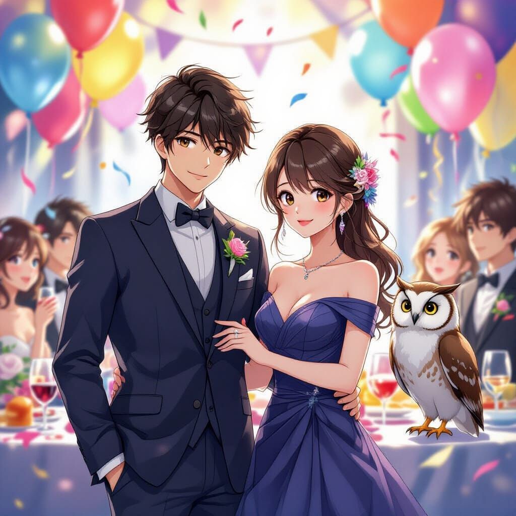 Anime Couple and Owl at a Vibrant Party