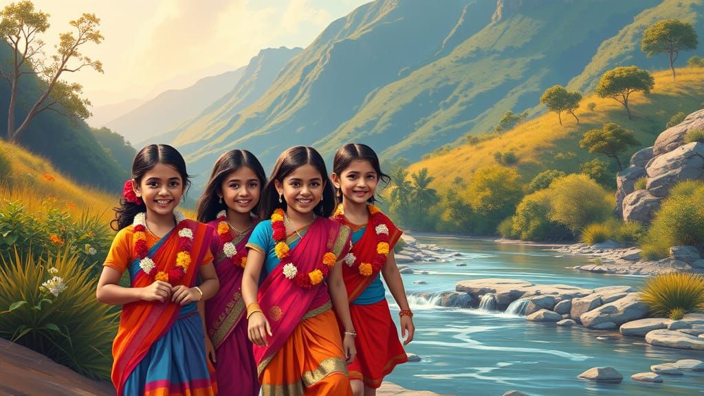 Vibrant Indian Children in Lush Mountain Landscape, Inspired...