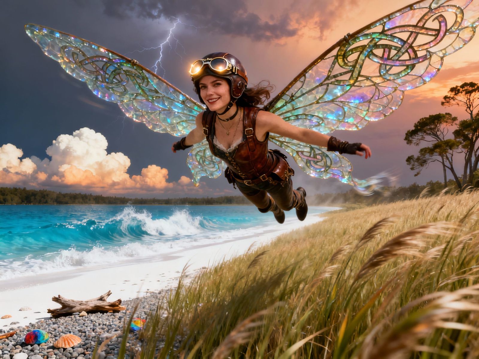 surreal beautiful sly grin woman  flying over glass-resin fr...