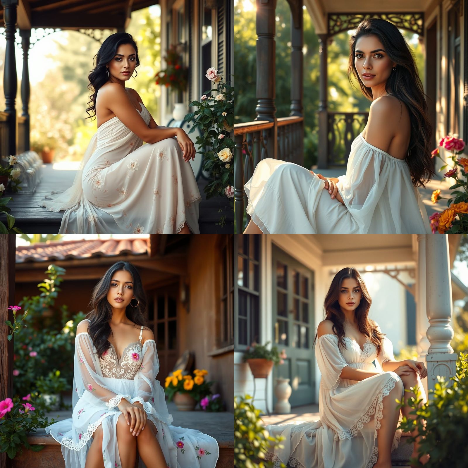 Latina Woman in White Dress on Porch