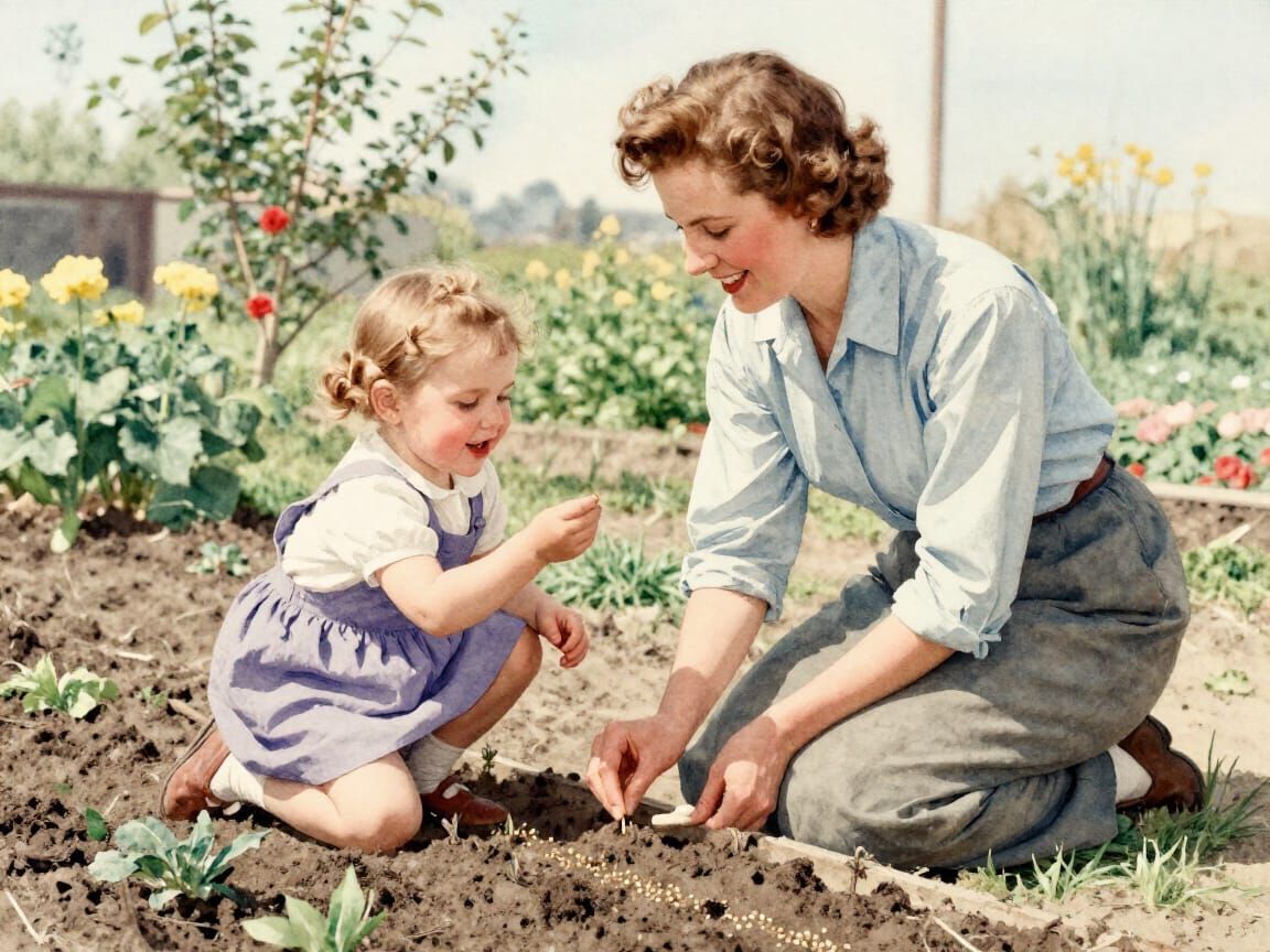 1940s Mother and Child Planting Seeds in Garden