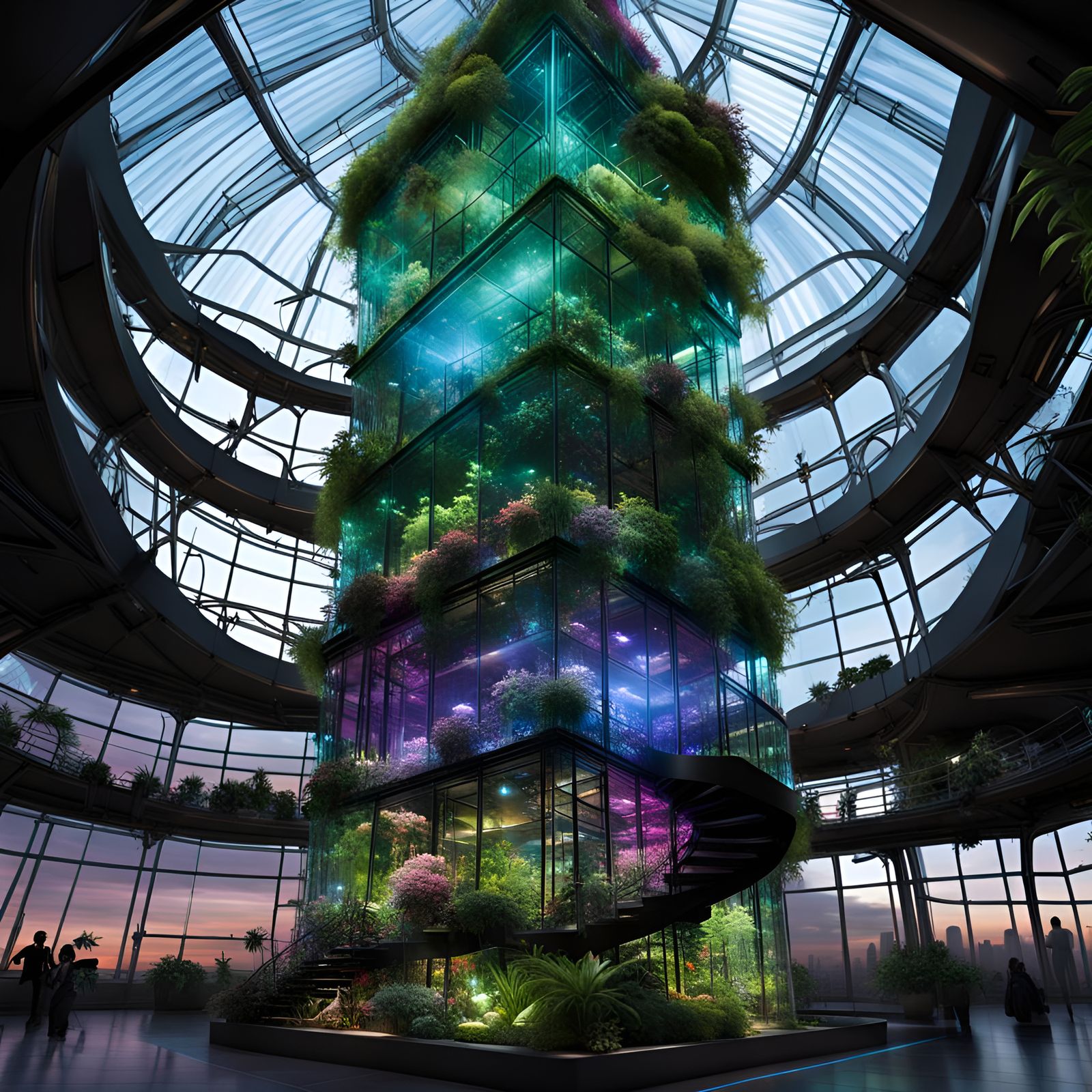 Bioluminescent Tower: Futuristic Interior Greenhouse