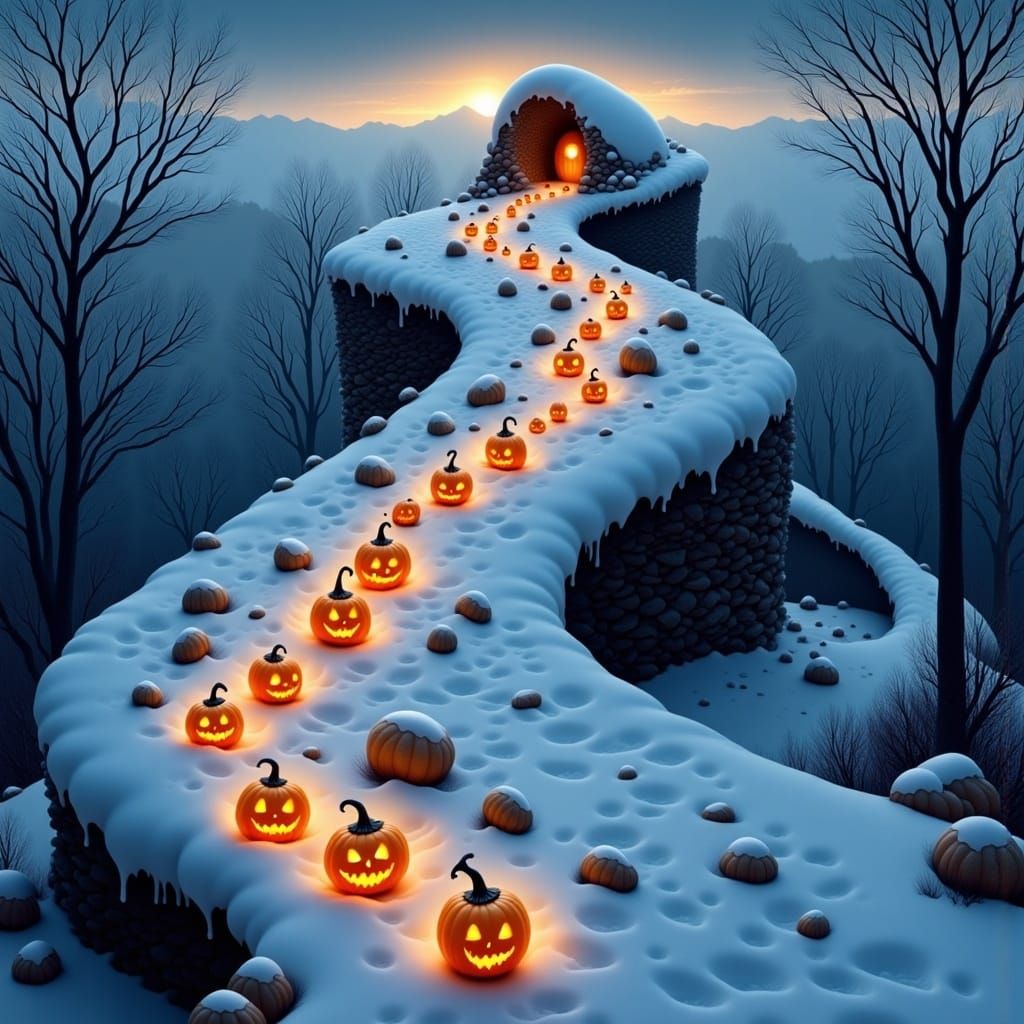 Snowy Spiral Hill with Glowing Jack-o'-Lanterns