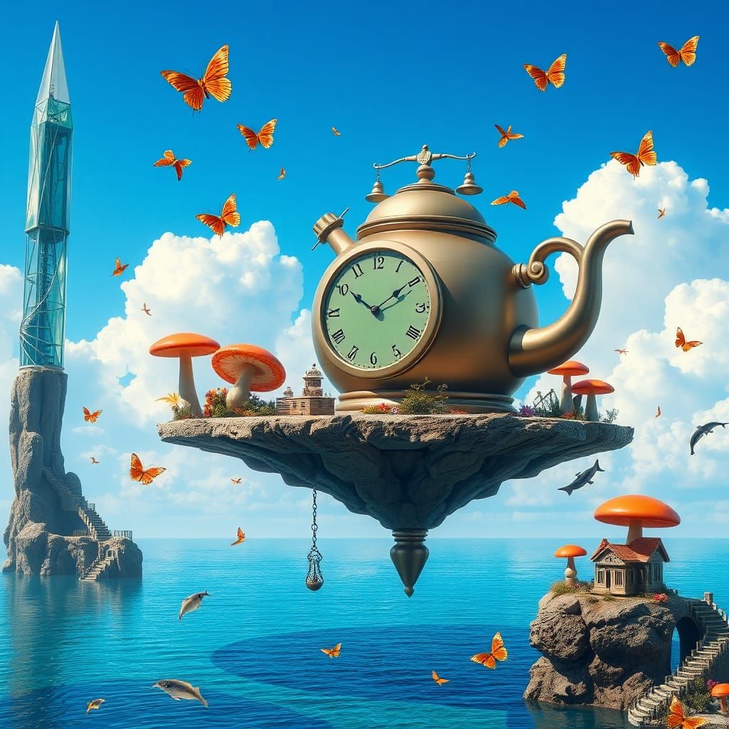 Dreamlike Floating Platform with Teapot-Clock in 3D