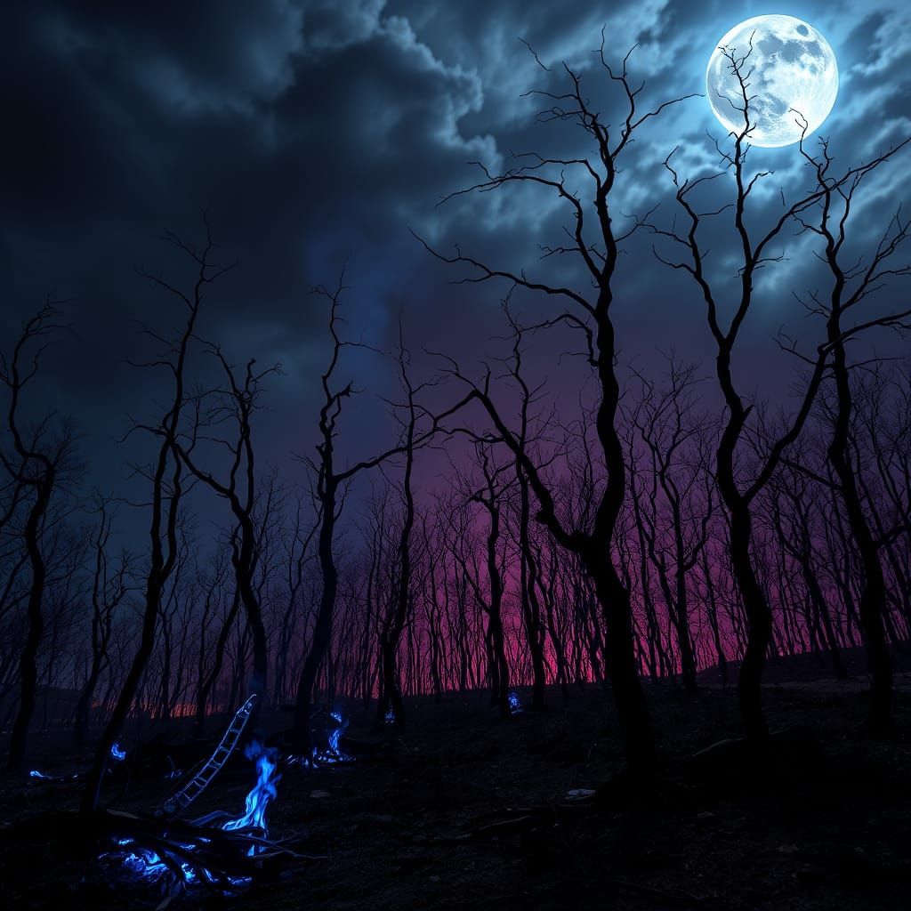 Charred Forest with Ghostly Flames in Dark Surrealism