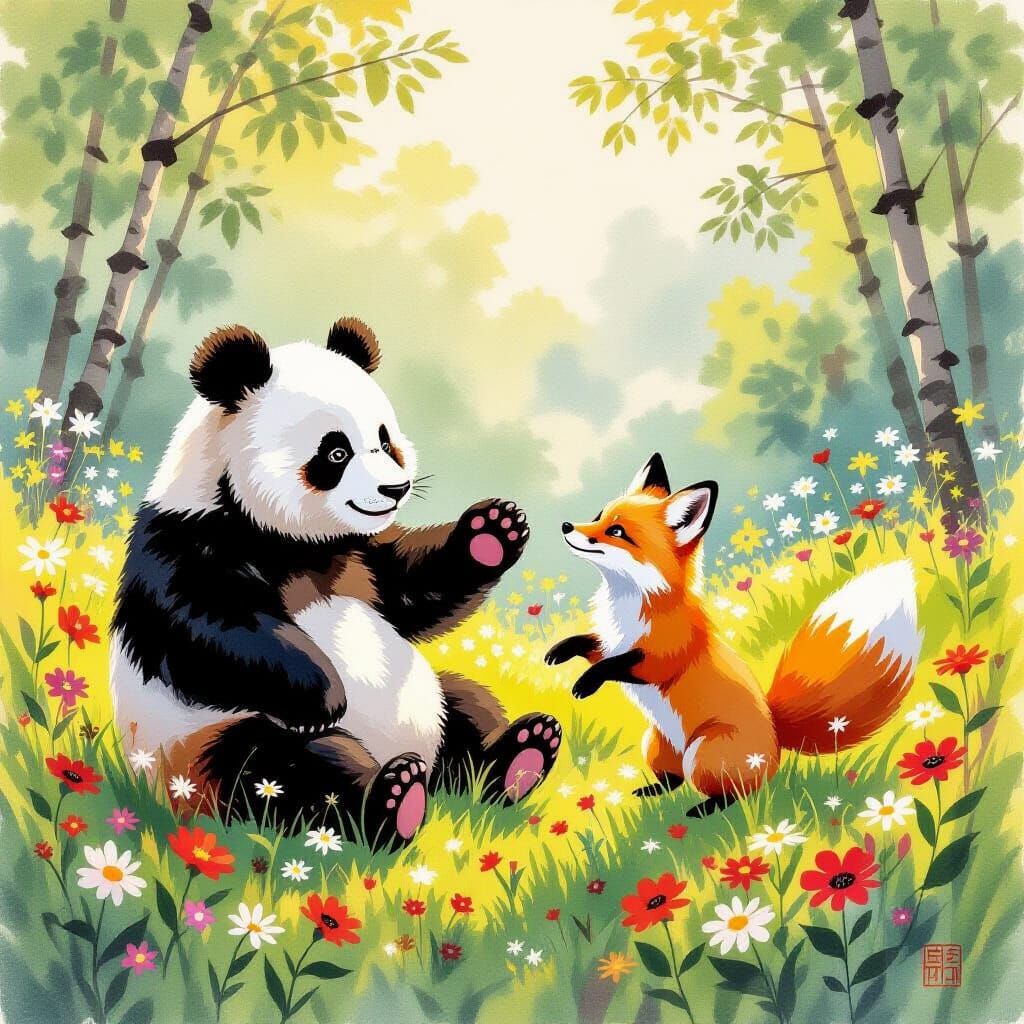 Panda and Fox Play in Nihonga Style