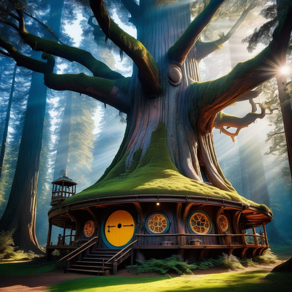 Majestic Steampunk Sequoia Treehouse in Whimsical Forest Gla...