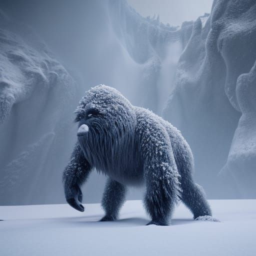 Yeti in Frozen Waterfall Valley Snowstorm