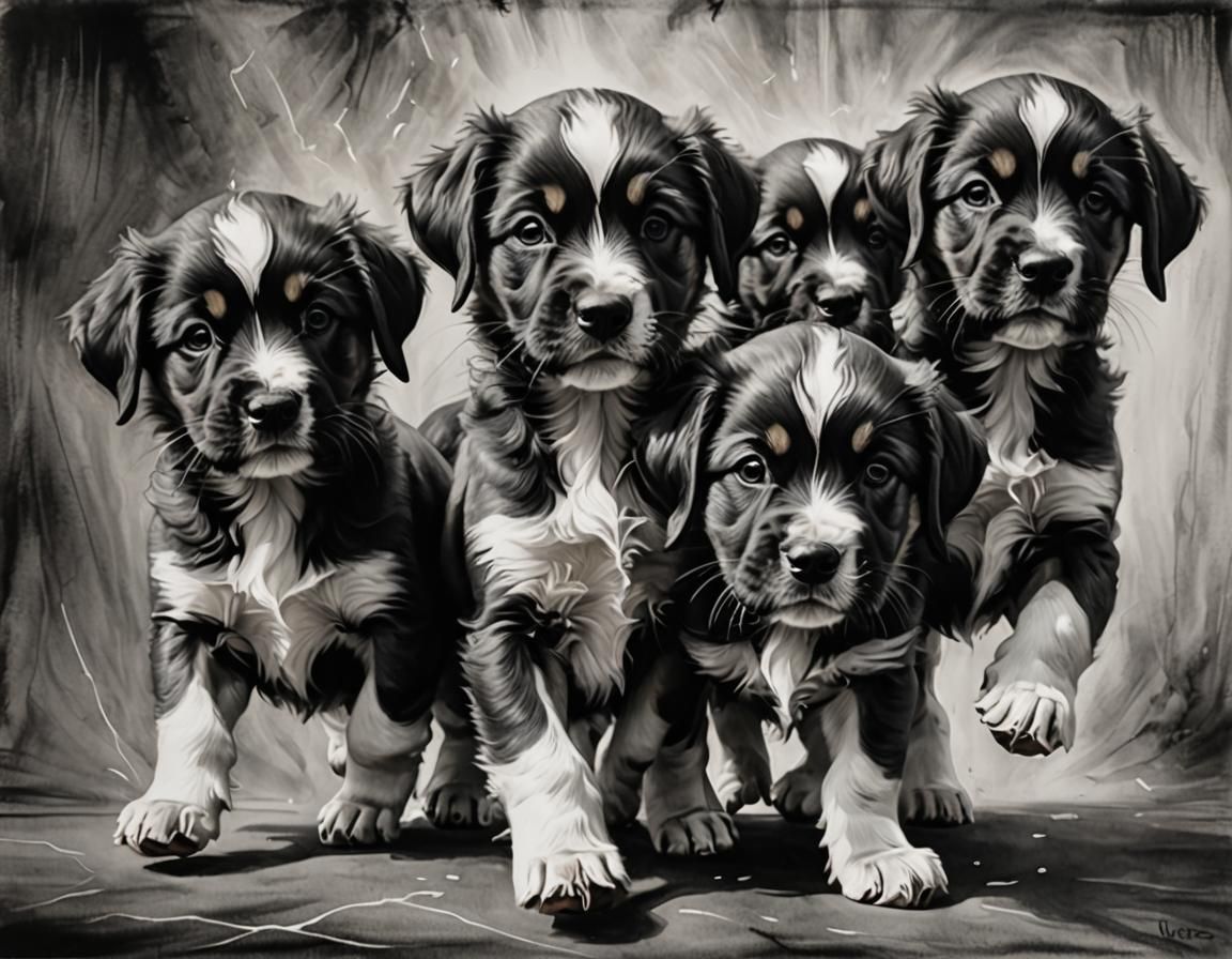 Puppies in Modern European Ink Action Painting