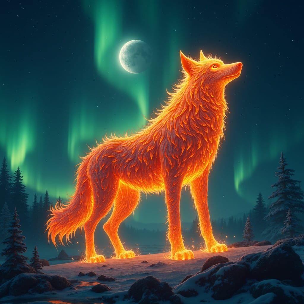 Majestic Wolf of Living Flames Illuminates Northern Lights