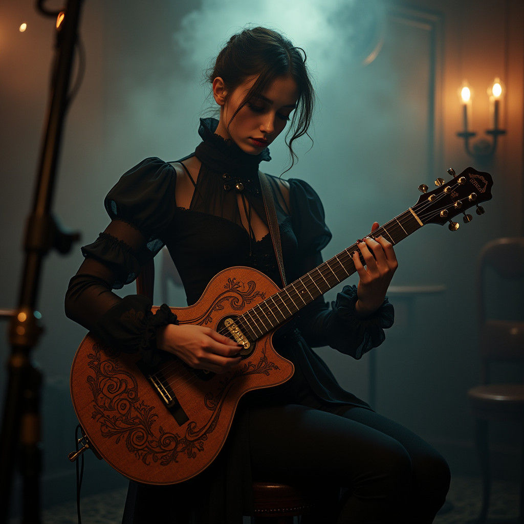Victorian Goth Woman Plays Guitar on Stage