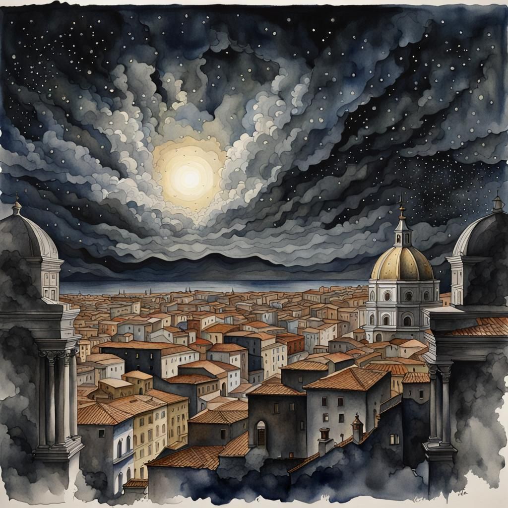 Giordano Bruno in Naples: Moody Watercolor Universe