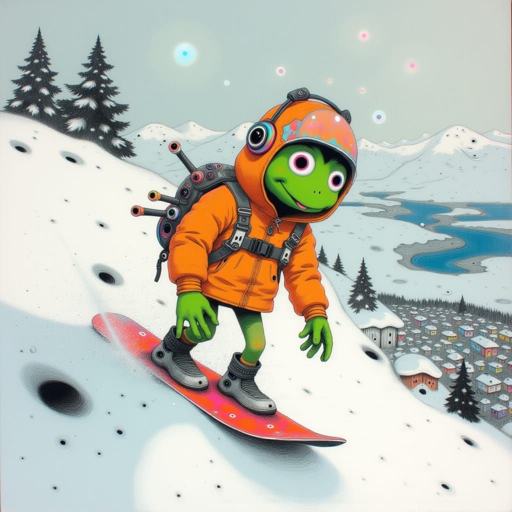 Kermit Snowboarding in Kidcore Watercolor Style