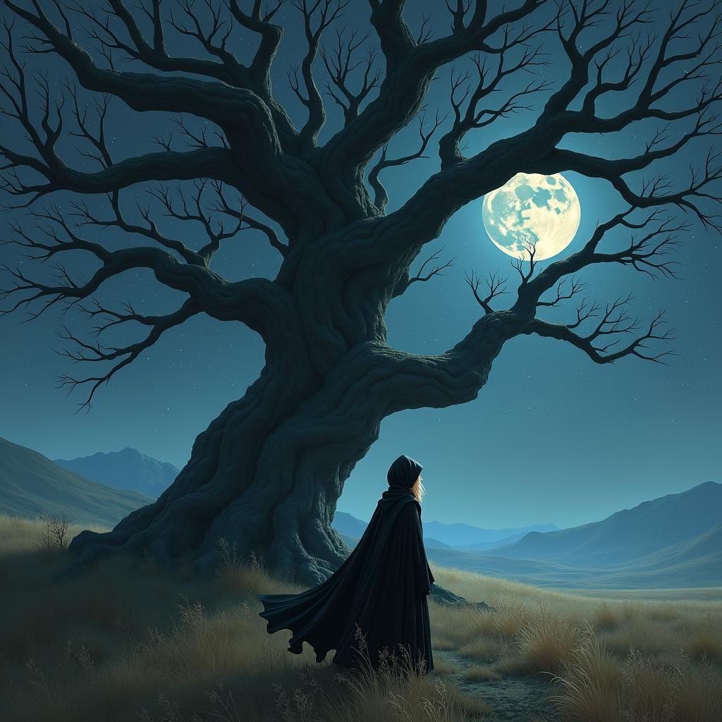 Moonlit Woman in Field: Fantasy Matte Painting