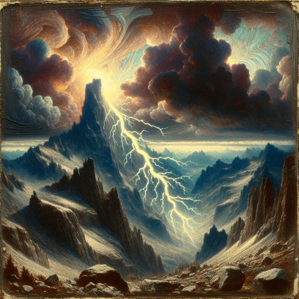 Encaustic style picture of mountaintop being hit by lightnin...