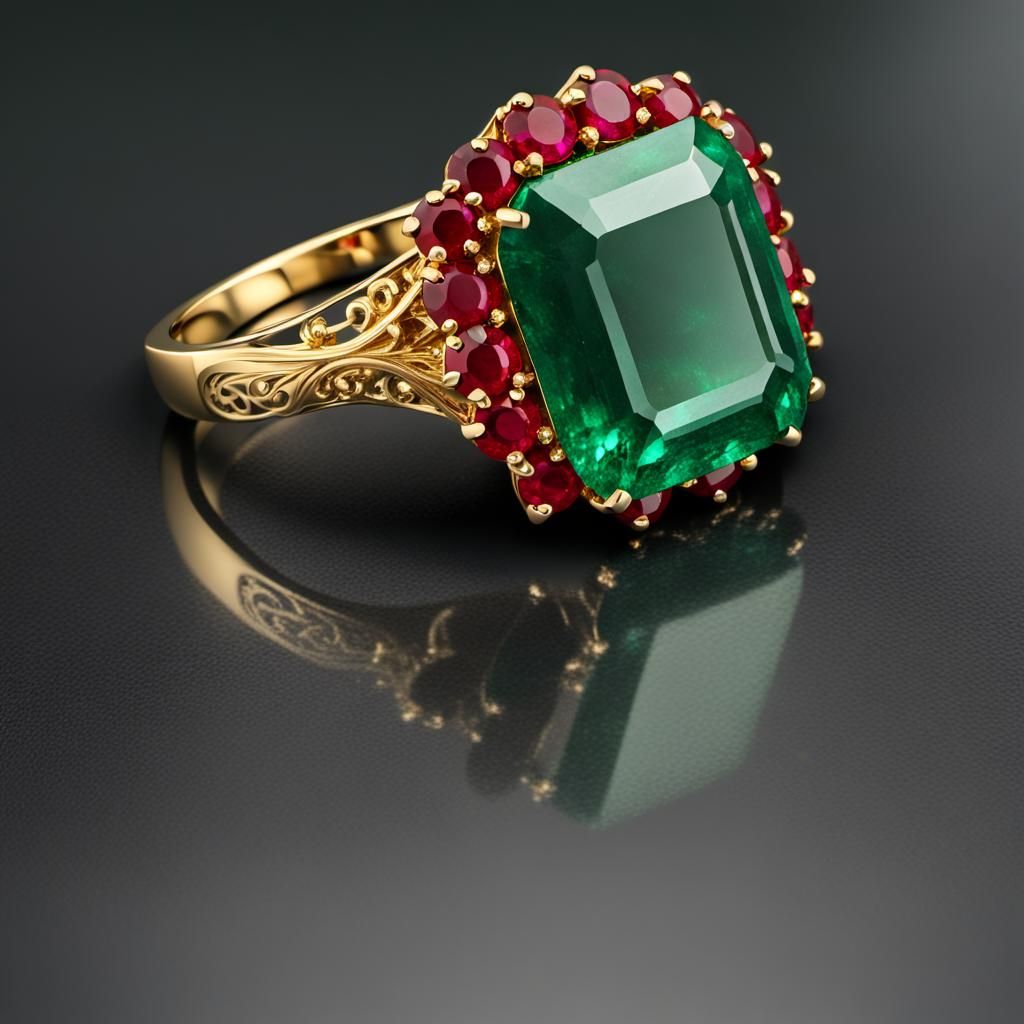 Emerald and Ruby Gold Ring on Black Surface