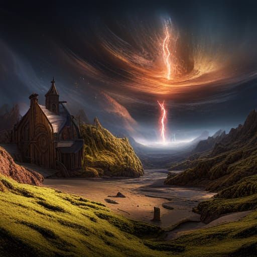 Angelic Descent Near Forgotten Church, Fantasy Art