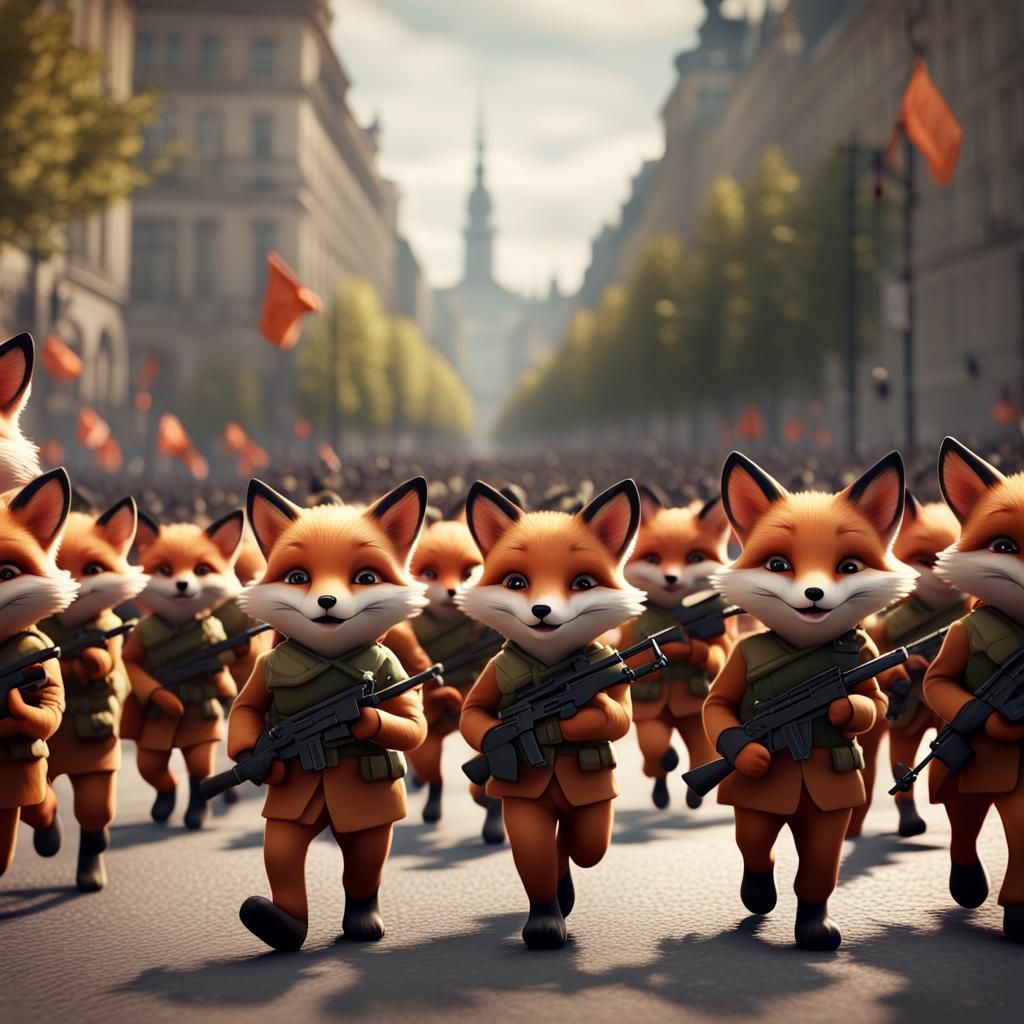 Fox Cubs Army Marching in Warsaw: Detailed Matte Painting