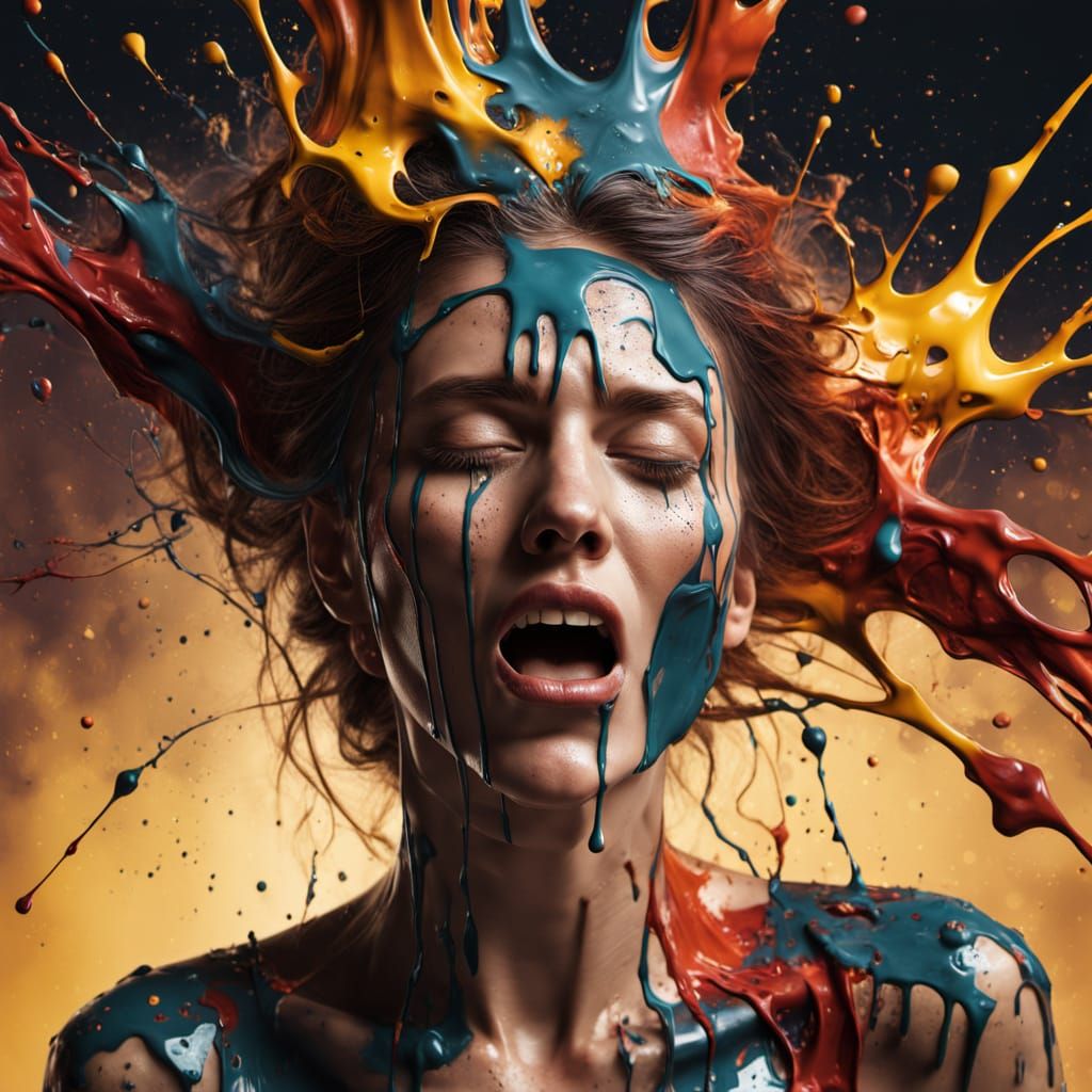 Vibrant Woman Enveloped in a Colorful Paintstorm