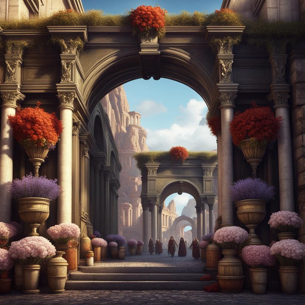 Futuristic Roman Market with Metal Flowers