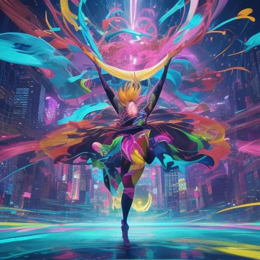 Dynamic Digital Art: Person Jumping in Neon Cityscape