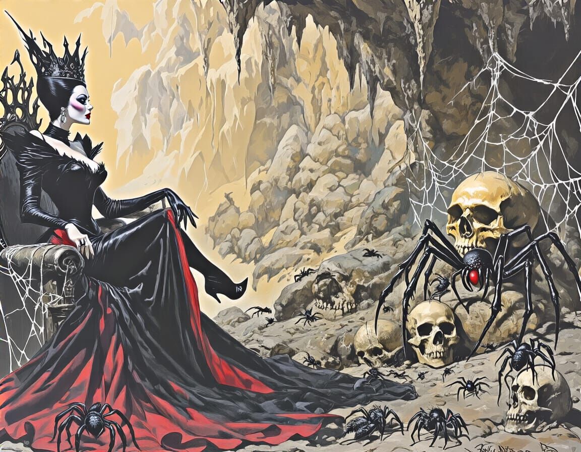 Wicked Queen on Throne with Evil Spider, Heroic Fantasy Styl...