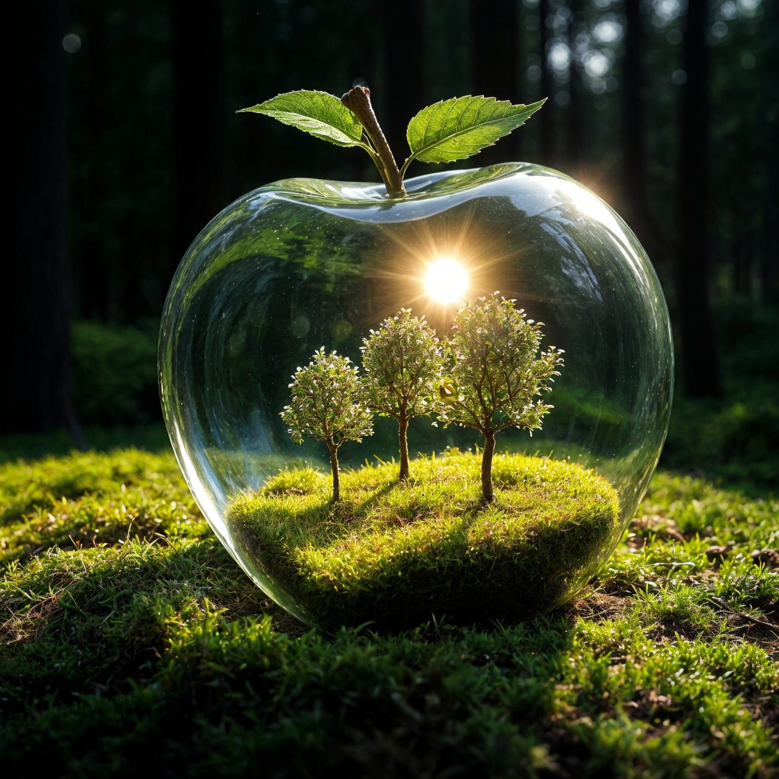 Crystal Apple in Dark Forest with Miniature Orchard