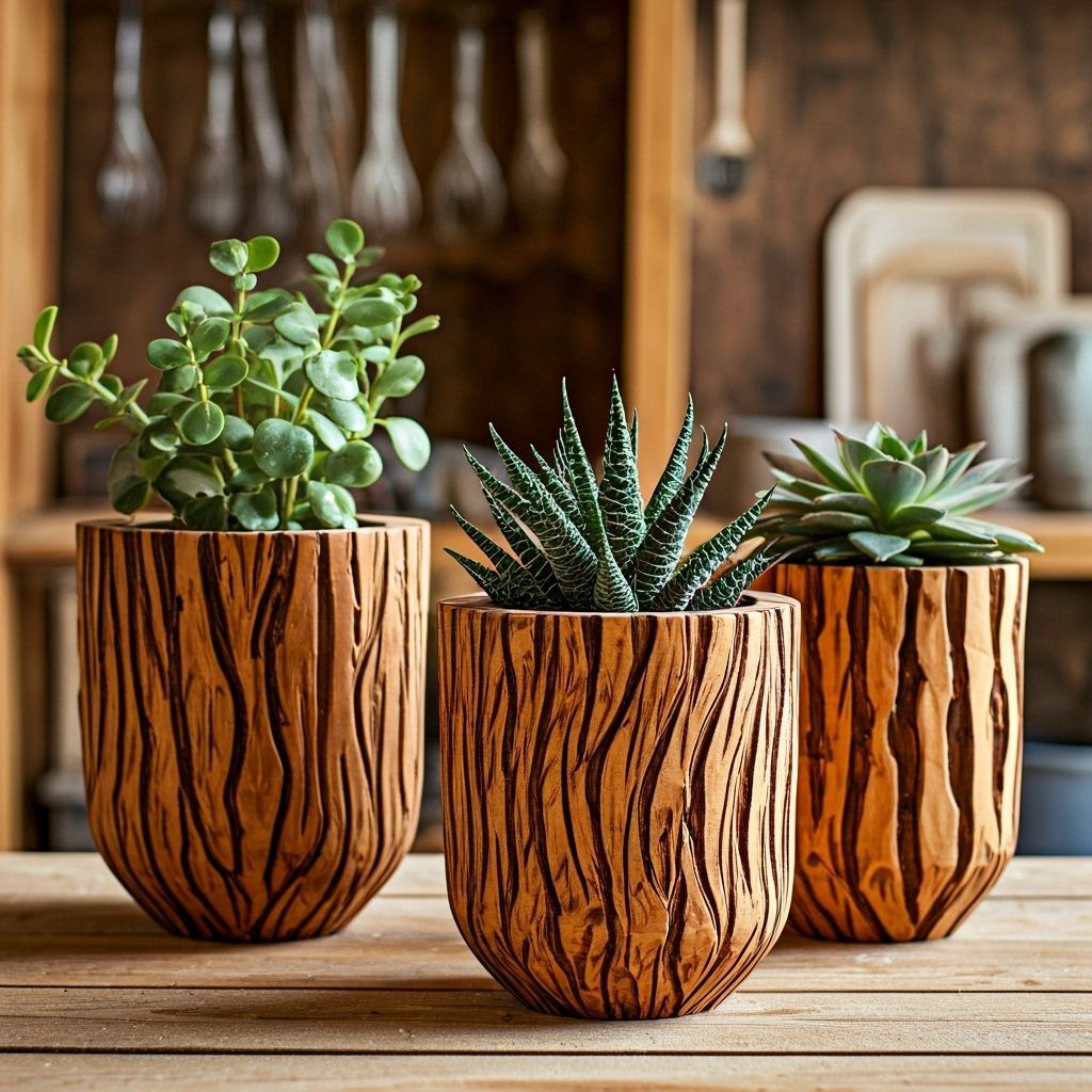 Intricately Carved Wooden Plant Pots in Rustic Workshop