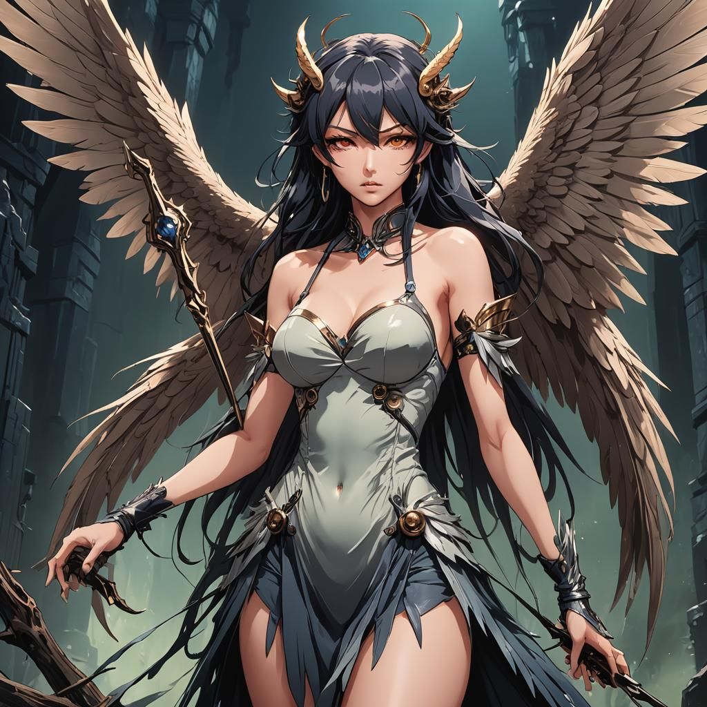 Anime Harpy Hiding from Hellspawn in Cel-Shaded Style