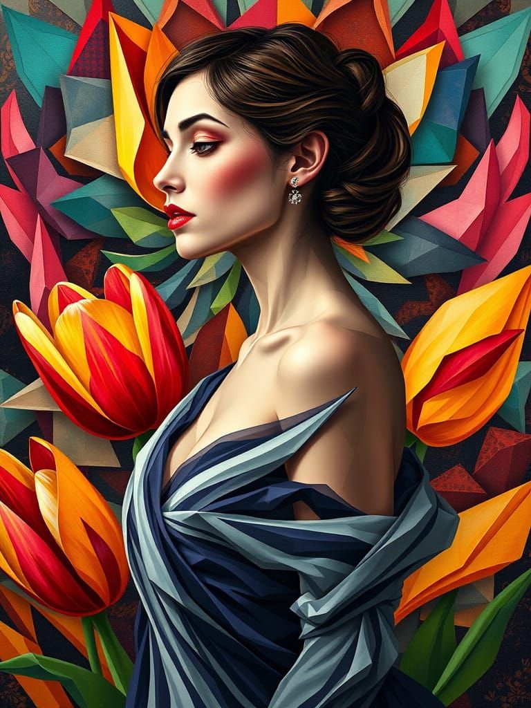 Woman Transforms into Geometric Tulip in Vibrant, Cubist Sty...