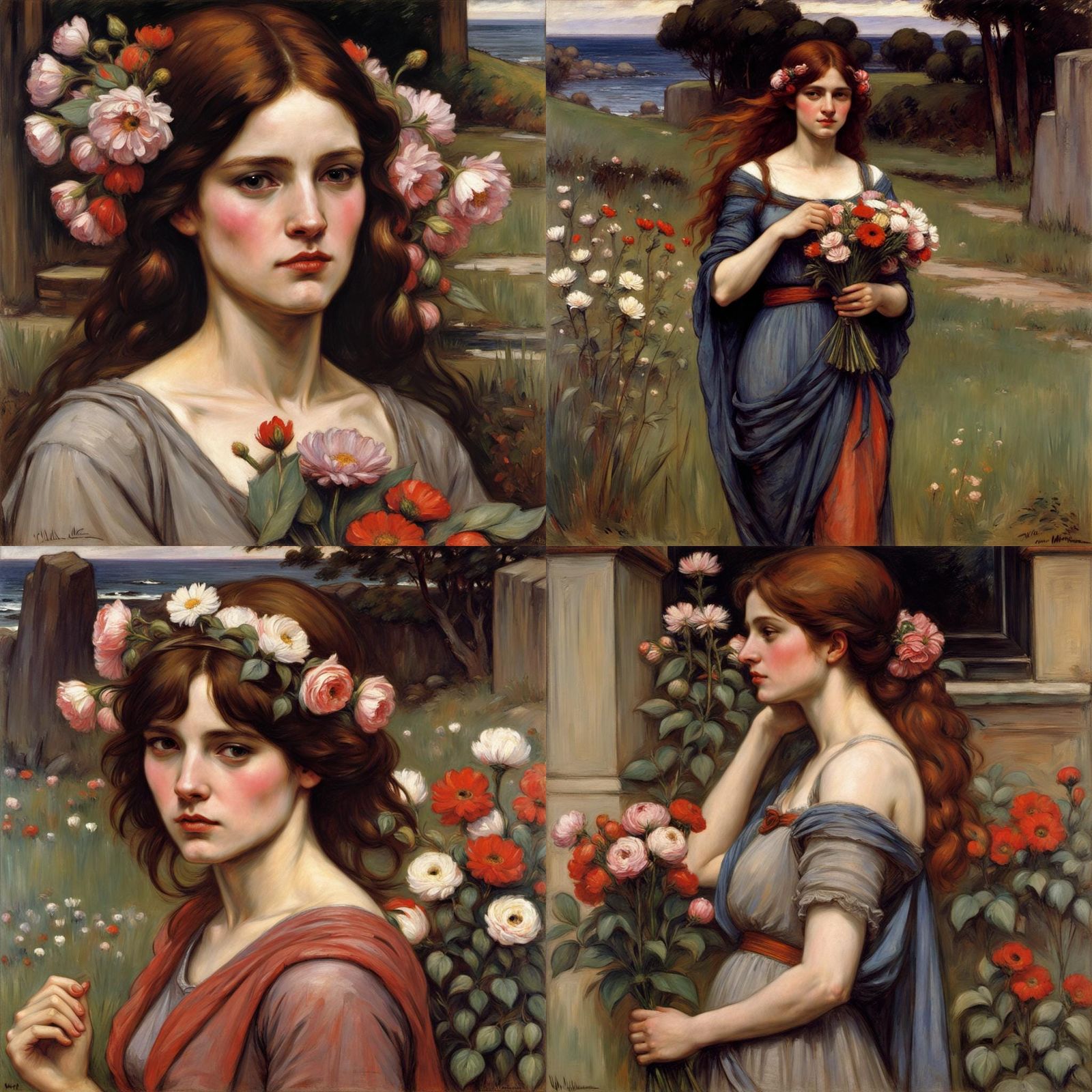 Woman with Flowers in Pre-Raphaelite Style
