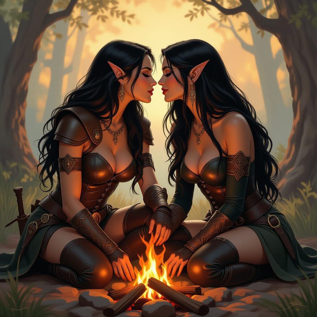 Fantasy Adventurer Women Share a Loving Kiss
