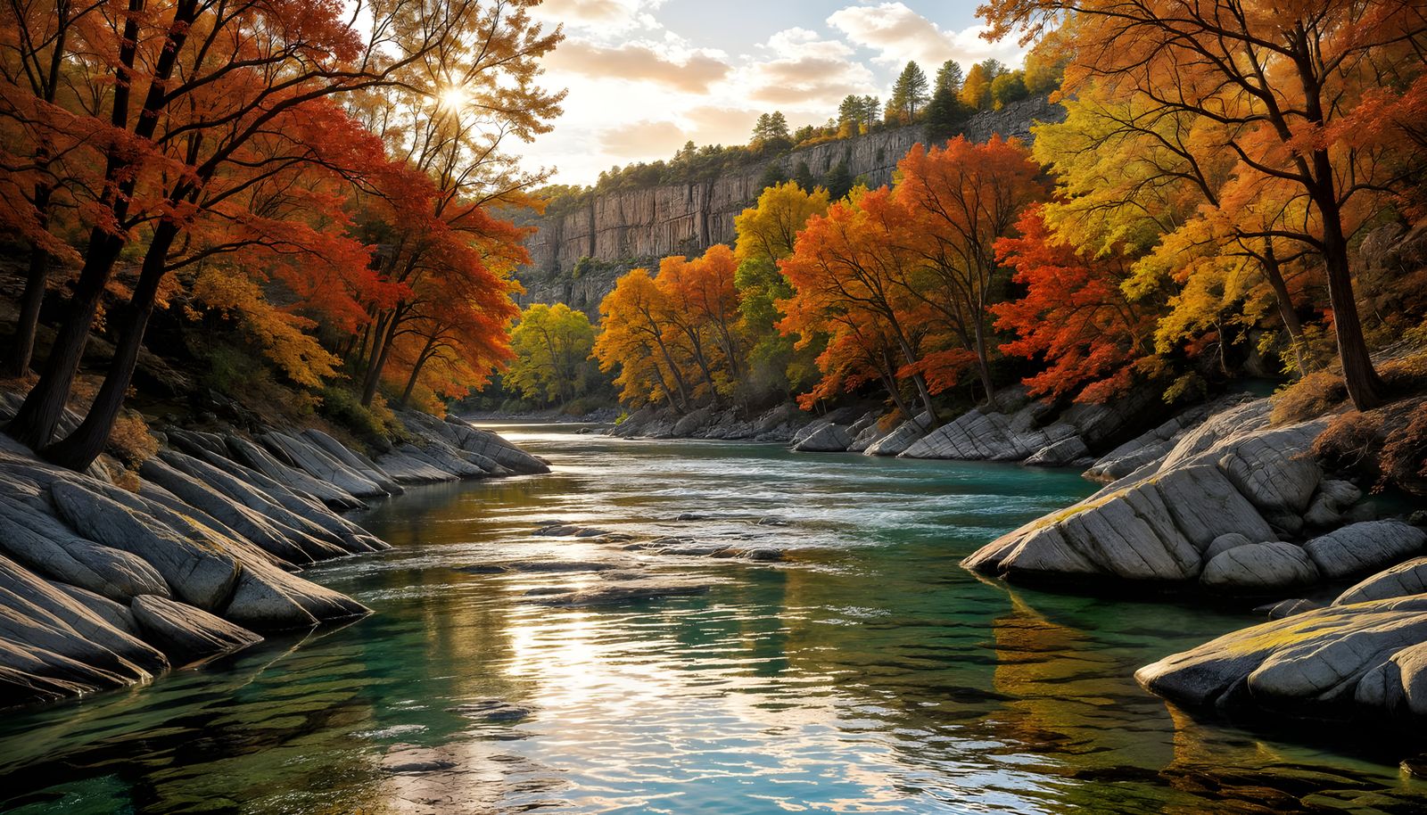 Autumn River Landscape with Golden Foliage and Turquoise Wat...