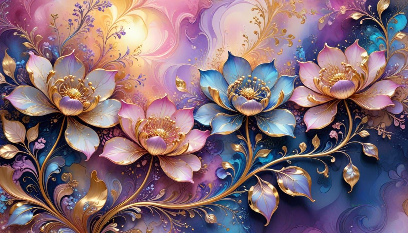 Floral Ink Painting with Golden Highlights in Watercolor Sty...