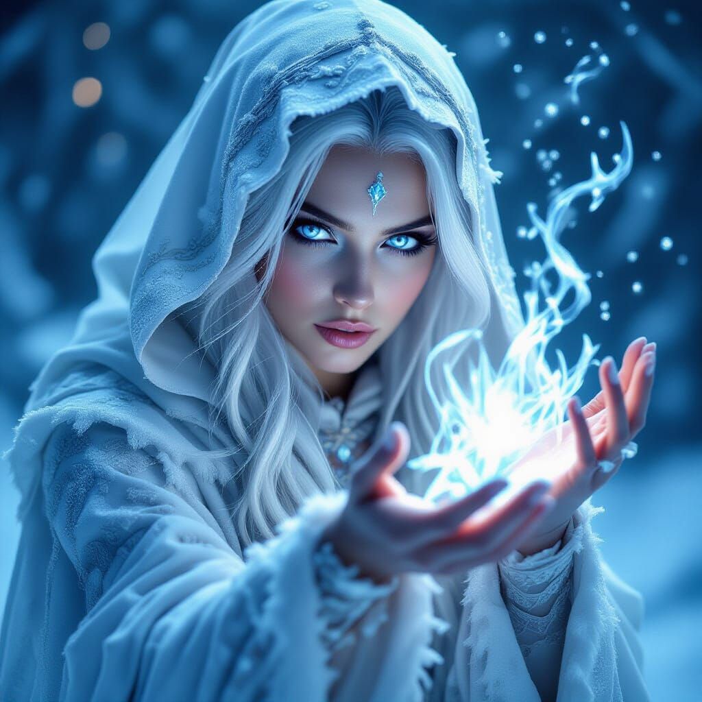 Ethereal Ice Witch Casting Frost Spell in Hyperrealistic Sty...