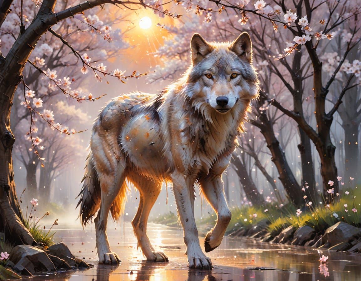 Rain-Soaked Wolf Under Cherry Blossoms as Watercolour