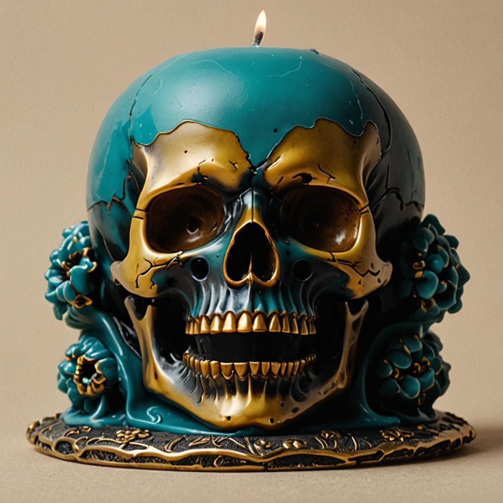 Intricate Skull Candle with Flickering Flame