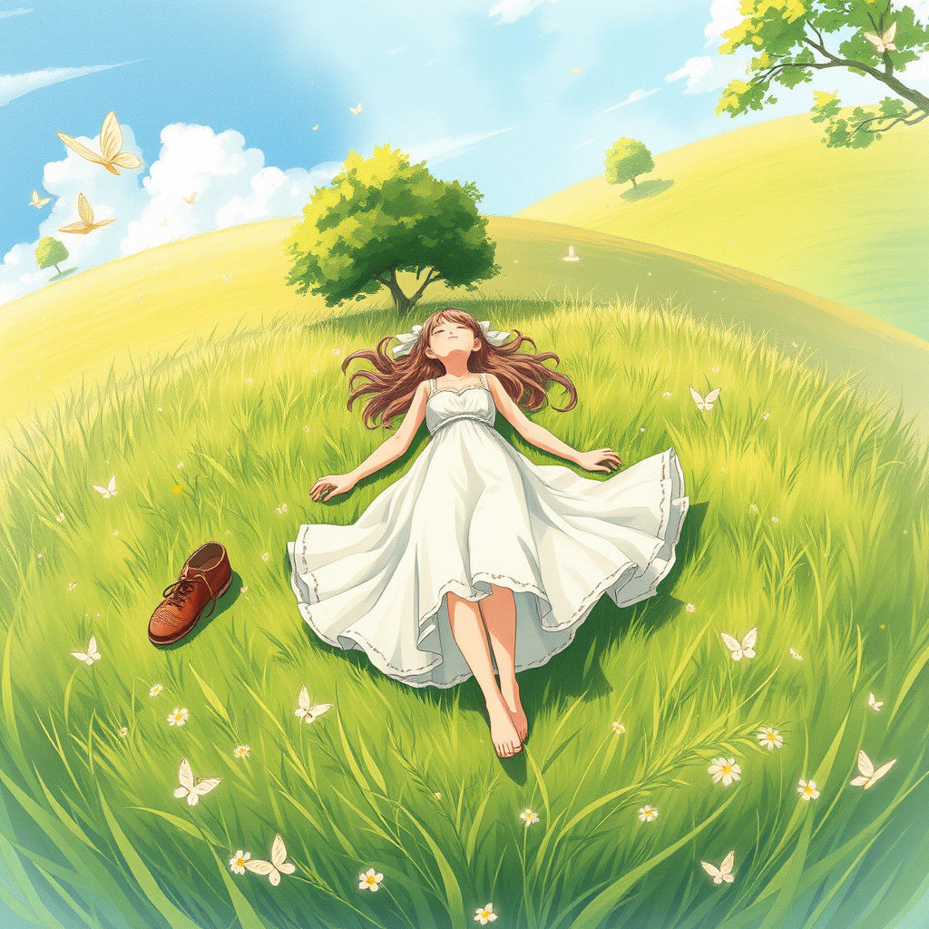 Girl in Meadow with Butterflies: Anime Art
