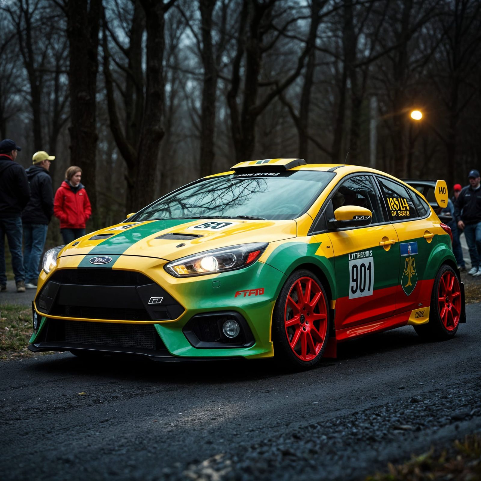 rally car, ford  focus rs, wrapped in Lithuanian flag colors body artwork, Cinematic film still, shot on v-raptor XL, fi...
