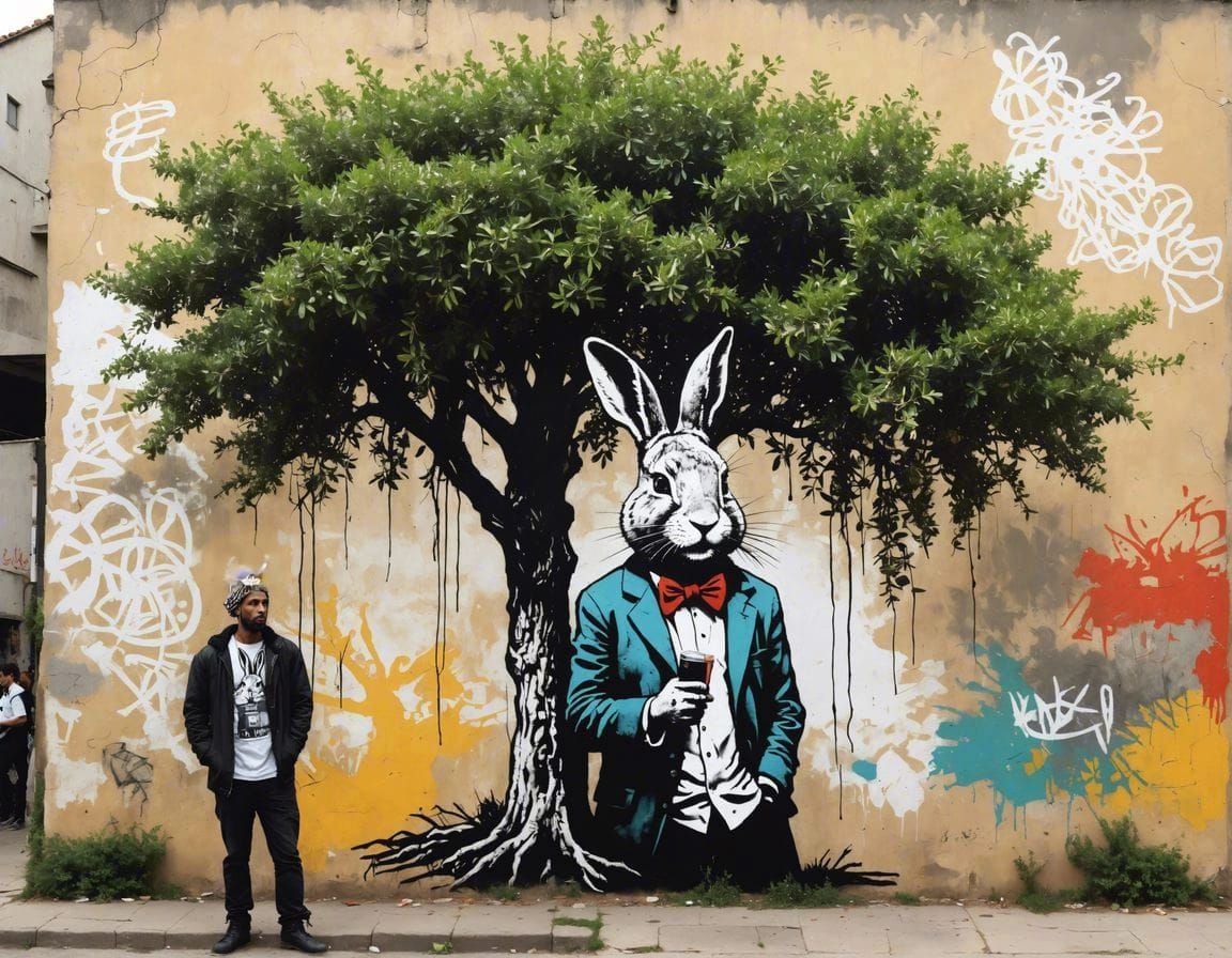 Expressive Rabbit with Olive Tree, Neo-Expressionist Style