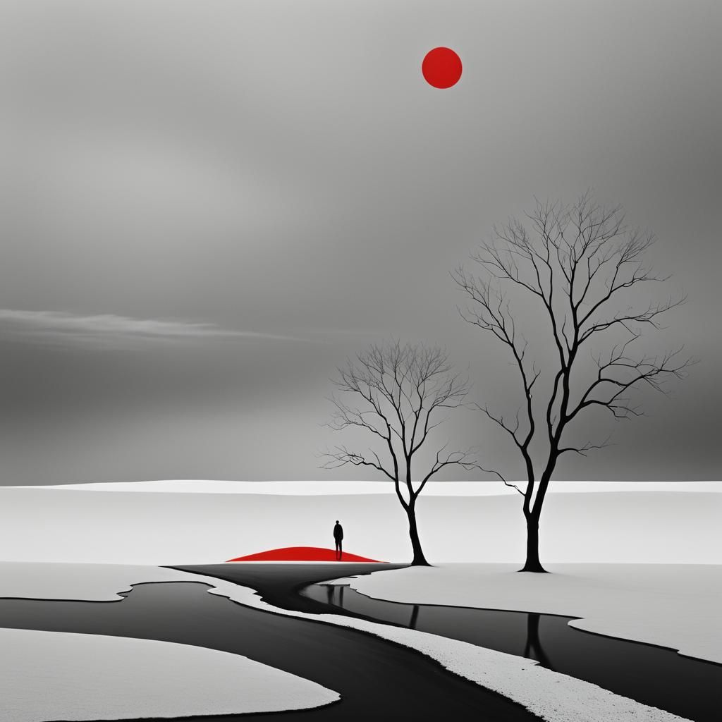 Surreal Minimalist Landscape in Black and White with Red
