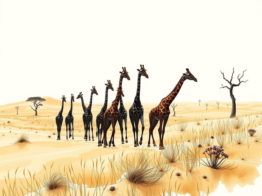 Majestic Giraffe Silhouettes Traverse Endless Dunes