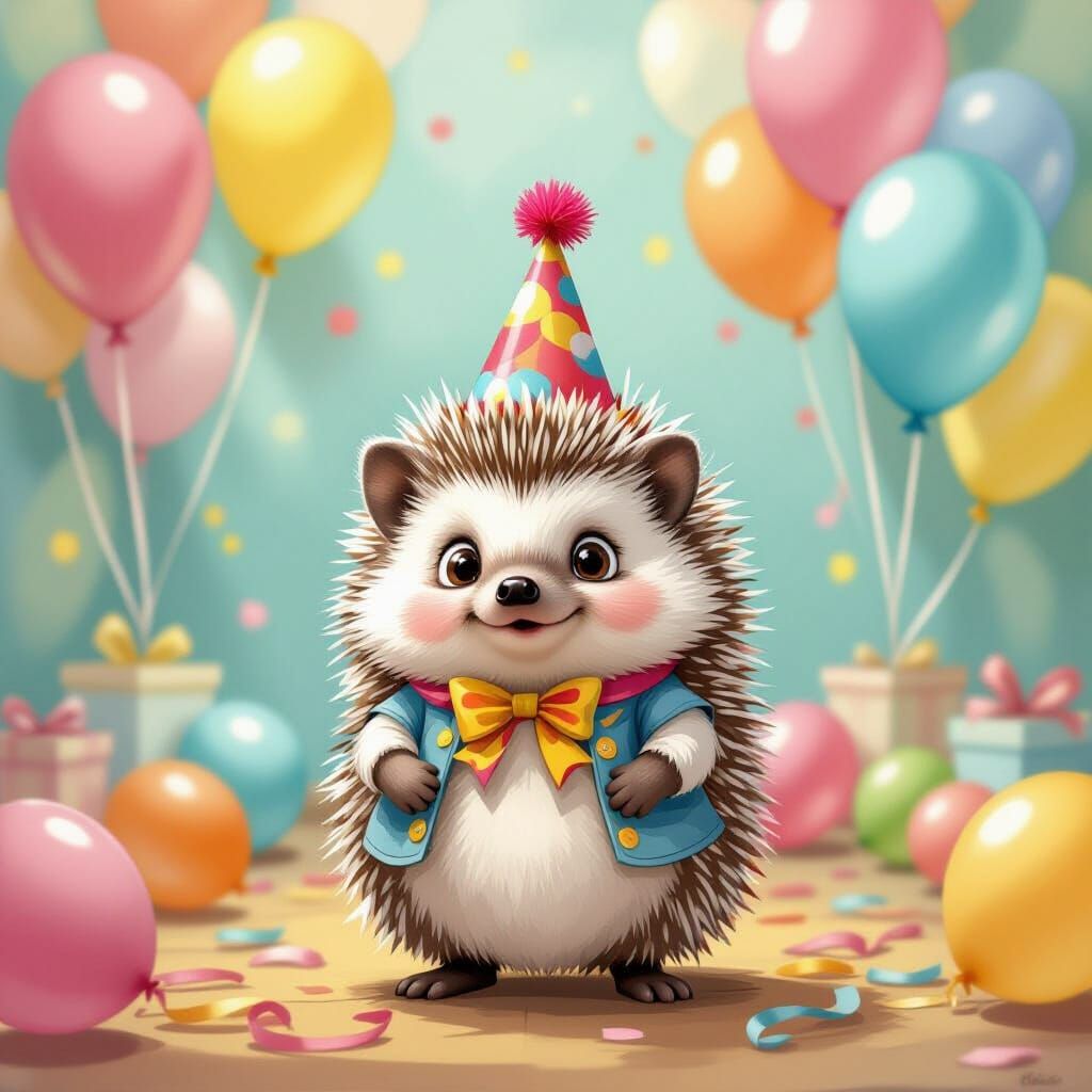 Hedgehog's Whimsical Balloon Party, Playful Illustration