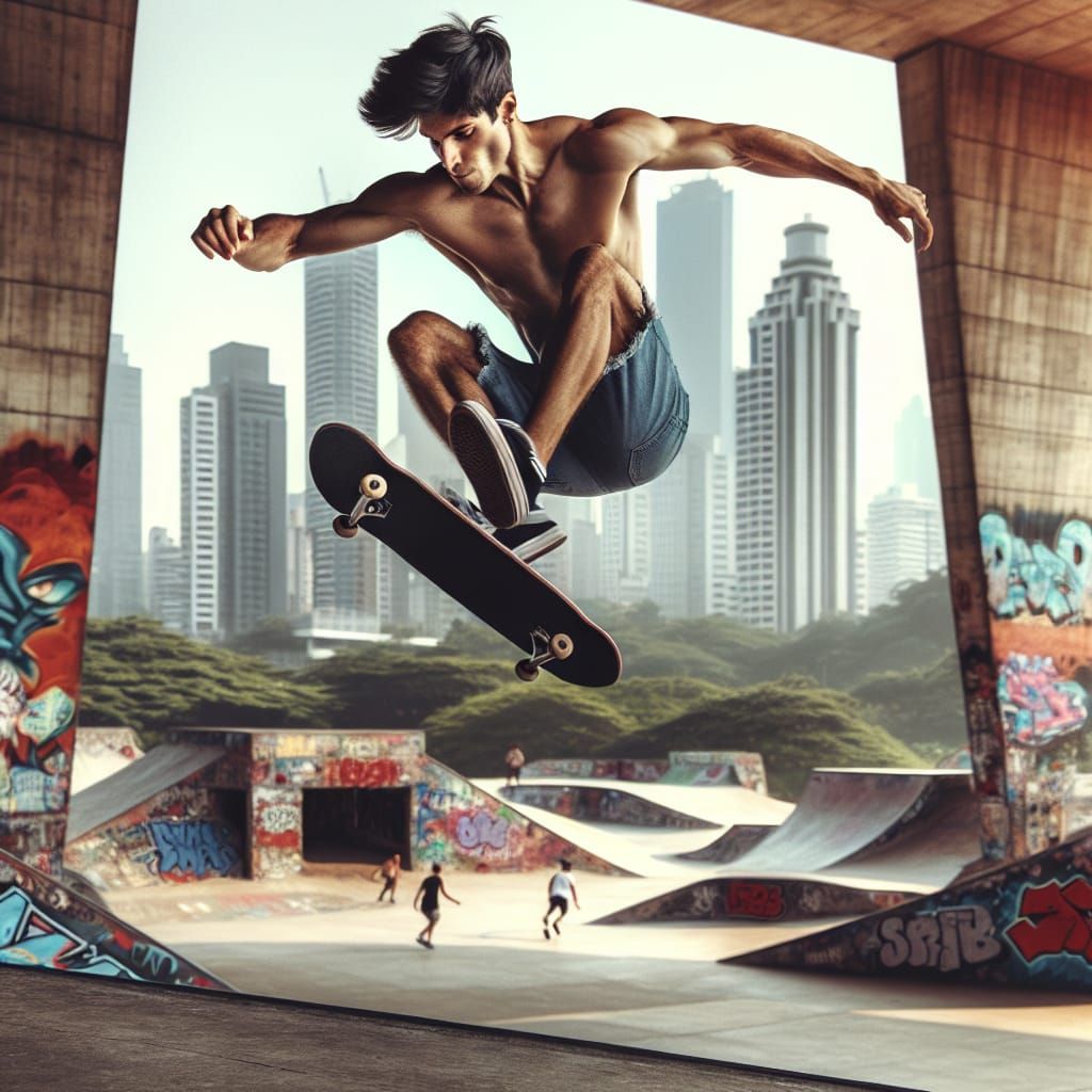 Skateboarder Mid-Kickflip in Urban Scene