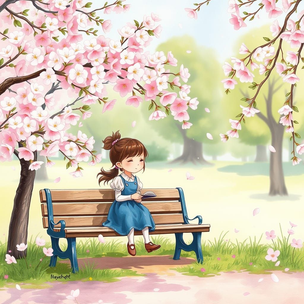 Whimsical Cherry Blossom Scene in Soft Watercolor Style