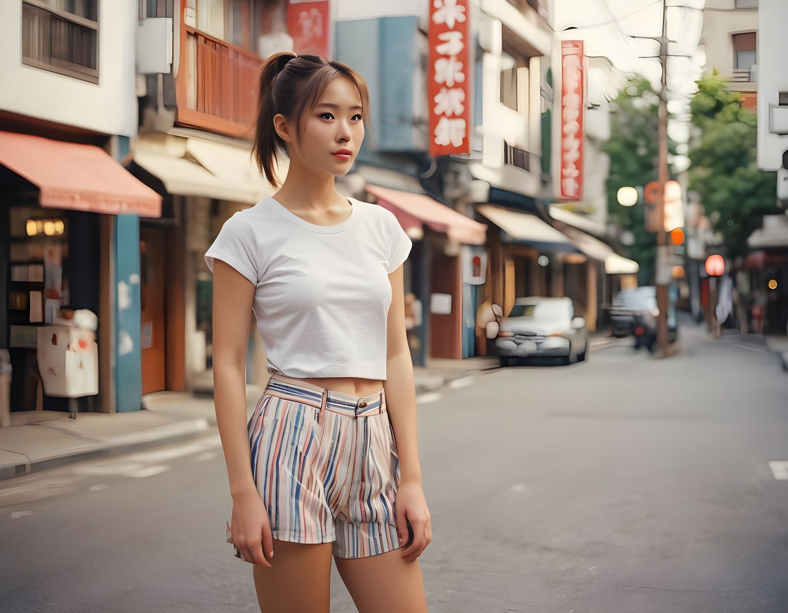 Young Woman in Vibrant Japanese Street Scene