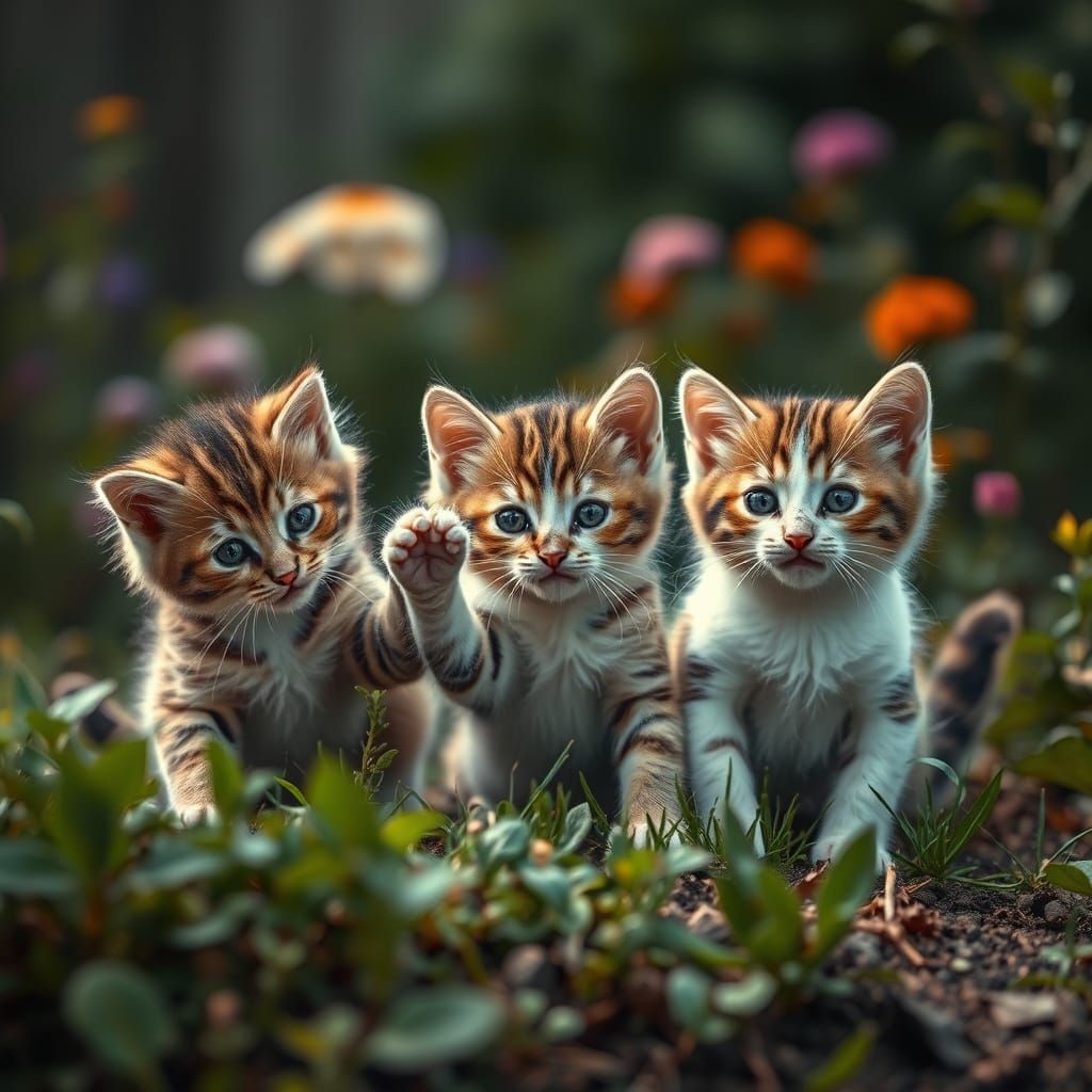 Three Adorable Kittens Play in a Vibrant Garden Scene