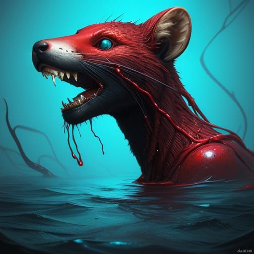 Surreal Red Marten with Azure Eyes in Eerie Digital Art