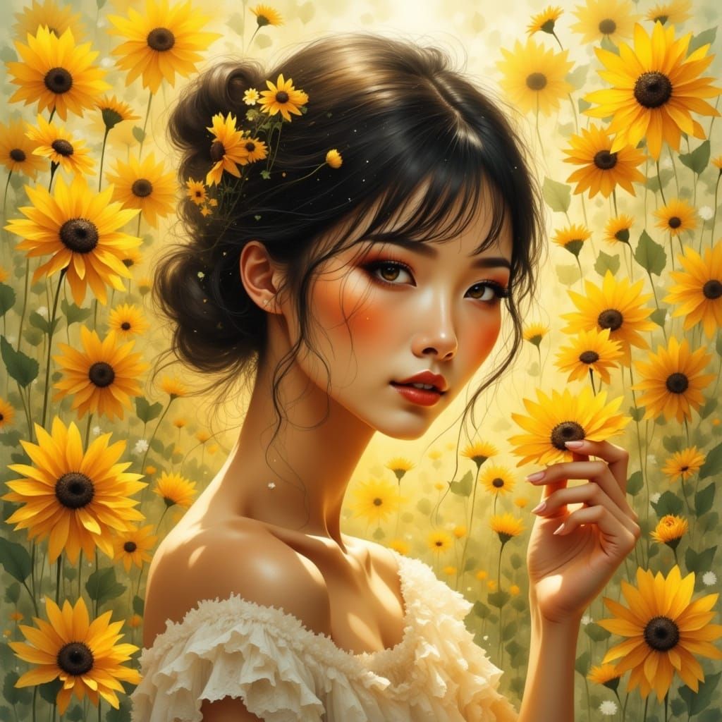 Whimsical Woman Surrounded by Vibrant Sundrops in a Dreamy I...
