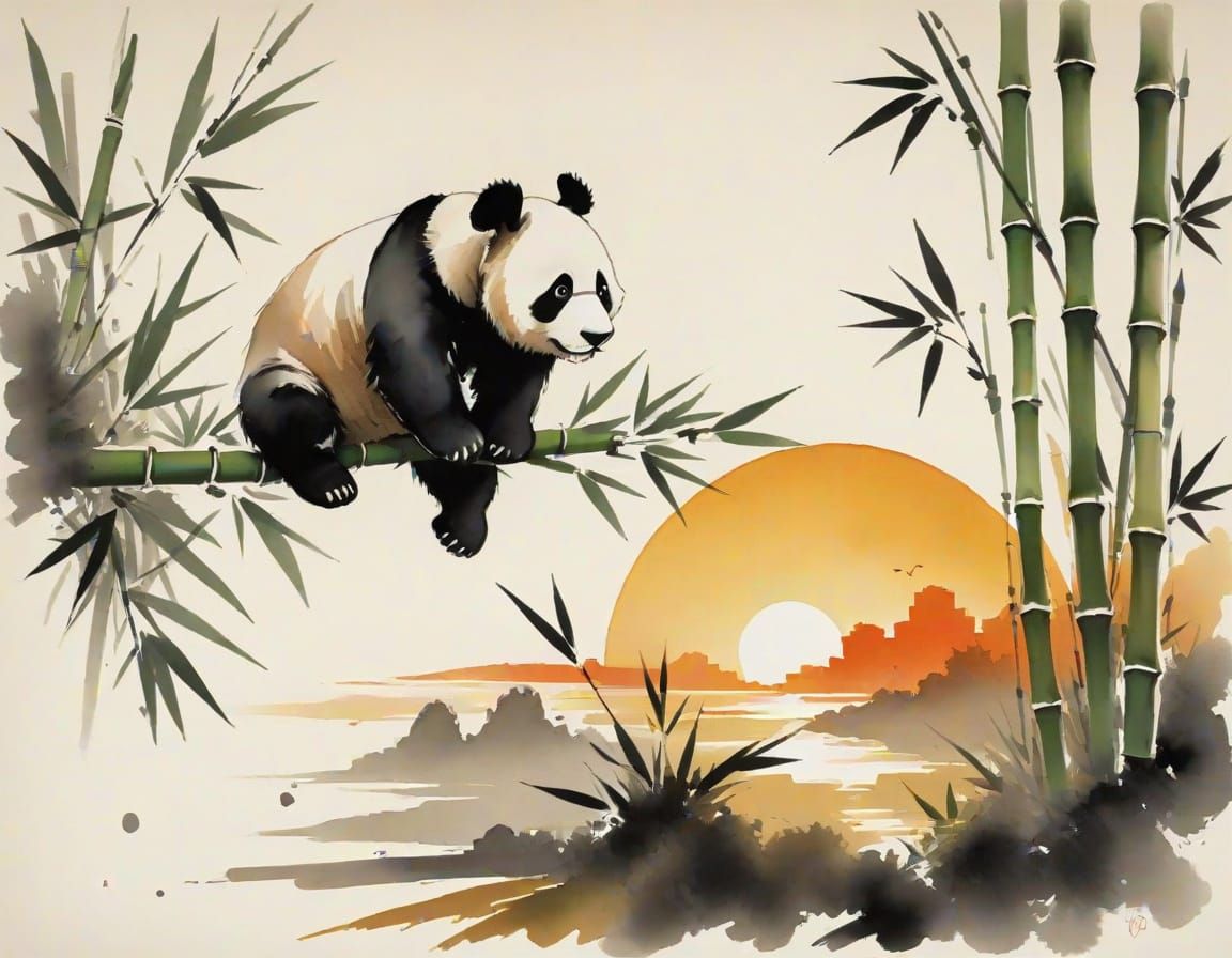 Panda on Bamboo Path at Sunset in Ink Wash